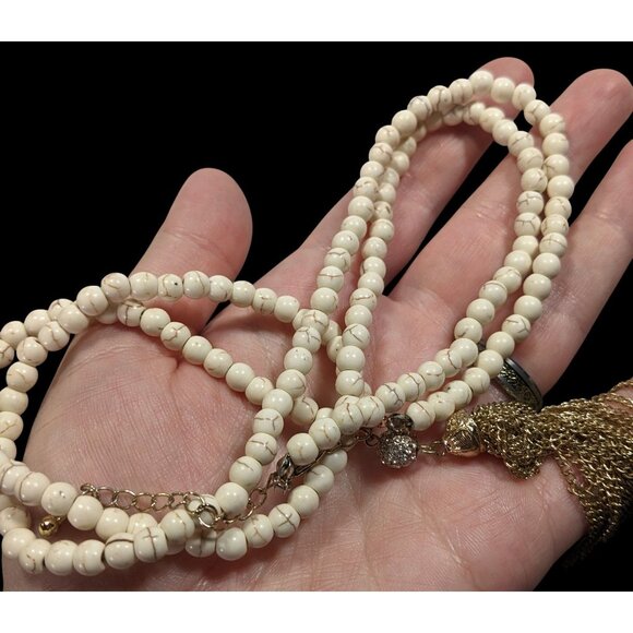 Boho Chic Howlite Beaded Necklace With Gold Tone Tassel And Rhinestone Accents - Picture 4 of 6